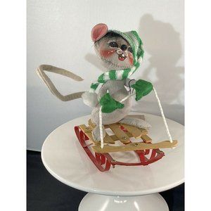 Annalee 7" Sledding Mouse on a Wood & Metal Sled 1992 with Tag Winter Christmas
